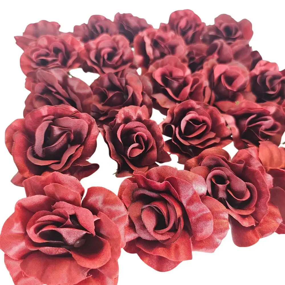 50 Burgundy Red Satin Rose Heads Stemless Wedding Floral Craft DIY 2.5in Flowers